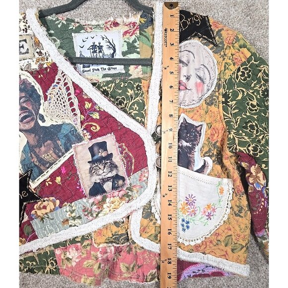 OOAK Magnolia Boho Quilted Jacket Frida Cat Bird Gypsy Moon Stars Vtg INDIE sz M - Picture 4 of 16